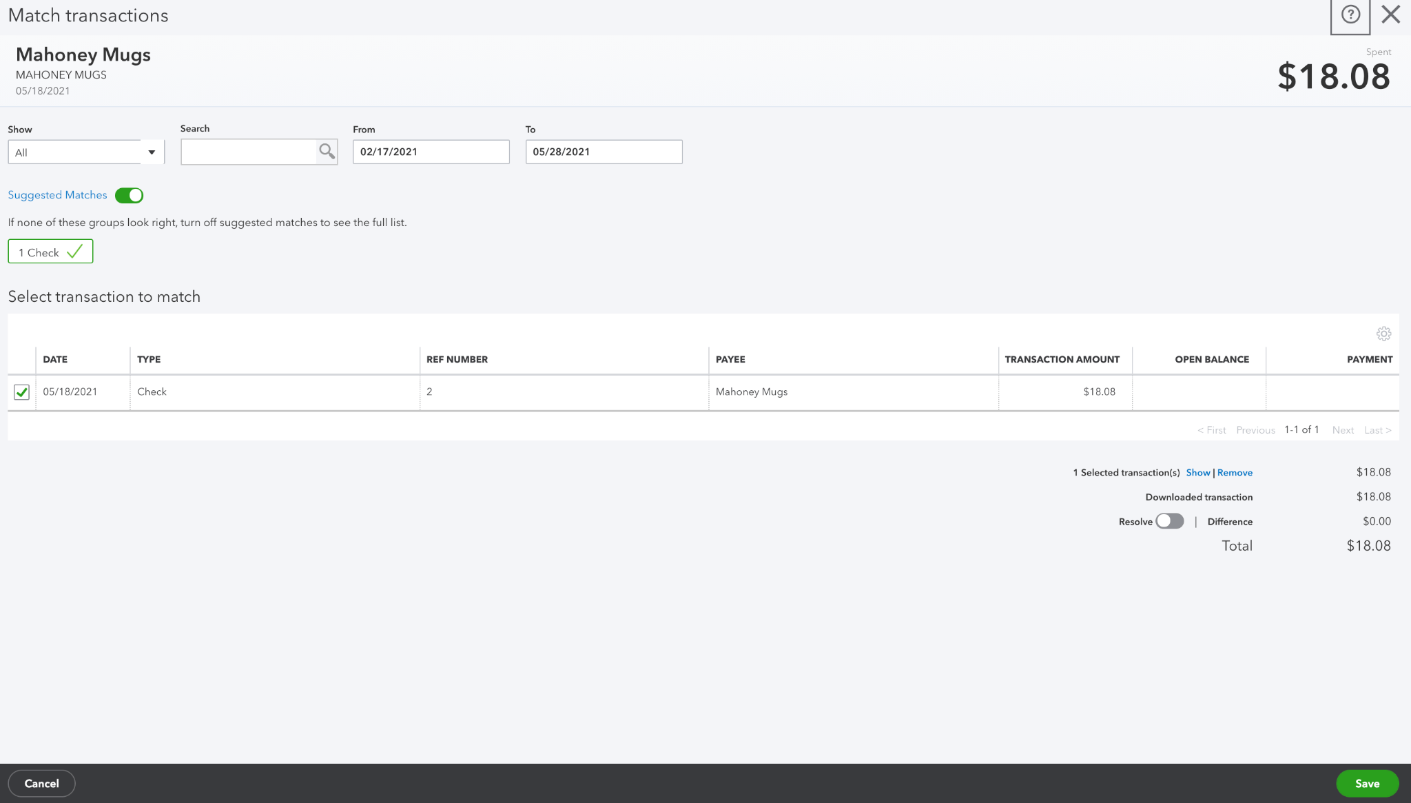 Match Transactions - Match Transaction in Quickbooks