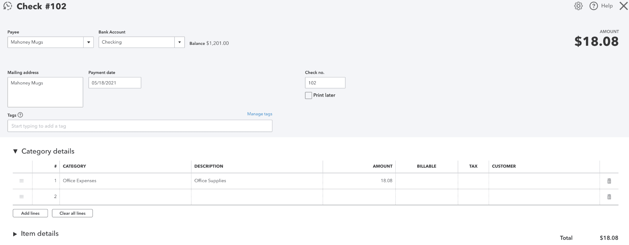 Check #102 Match Transaction in Quickbooks