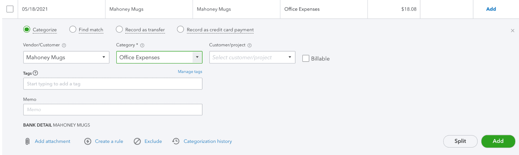 Match Transaction in Quickbooks